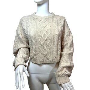 H&M Divided Women’s Tan Sweater M Chunky Cable Knit Cropped Relaxed Crewneck Rib